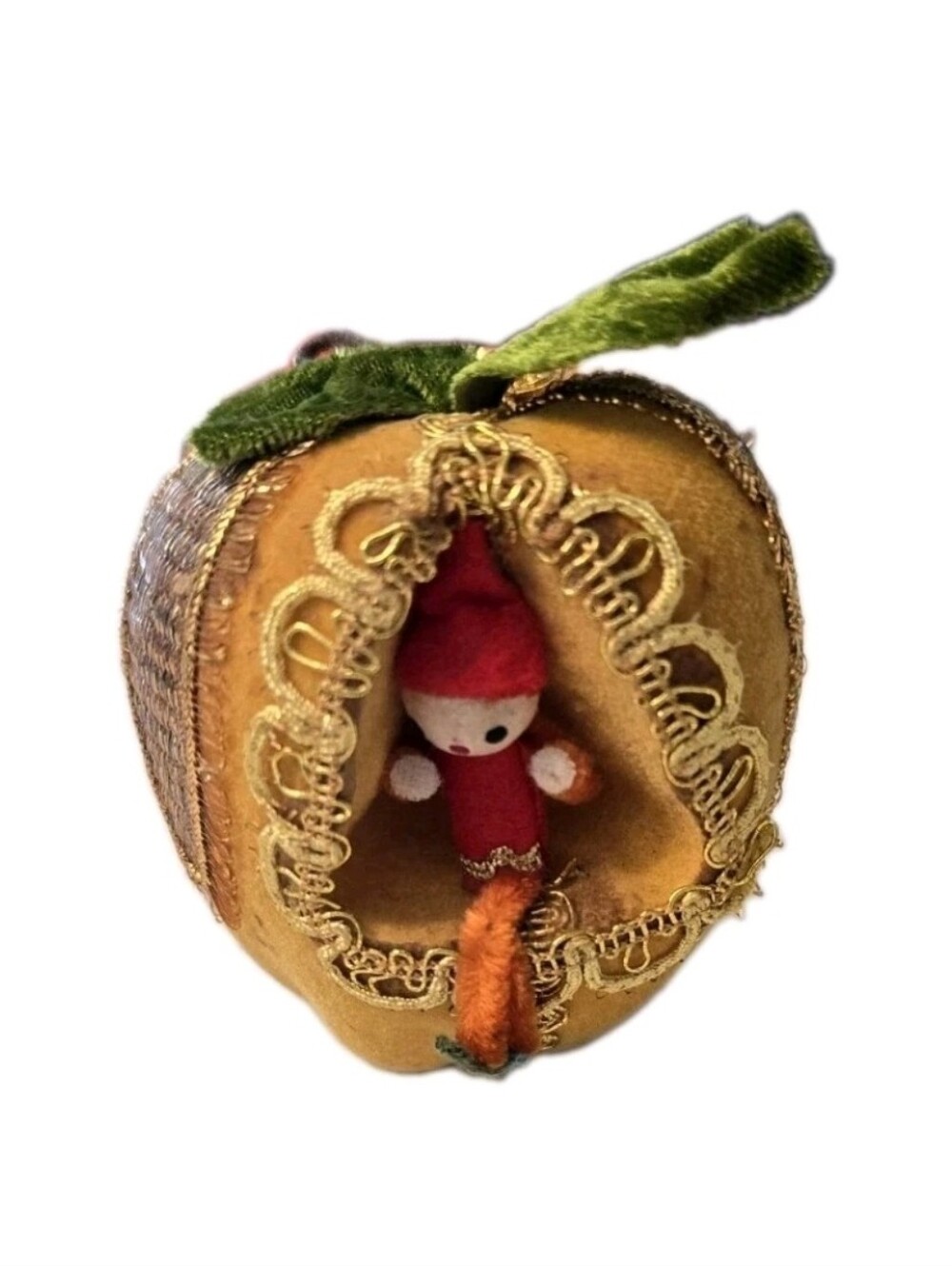 Vtg.Ornament Red Pixie Elf Sitting in Gold Color Apple Flocked Christmas READ